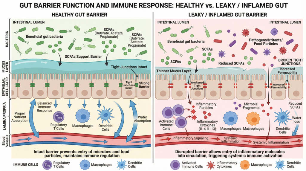 Gut barrier function and immune response: Healthy vs. Leaky / Inflamed gut